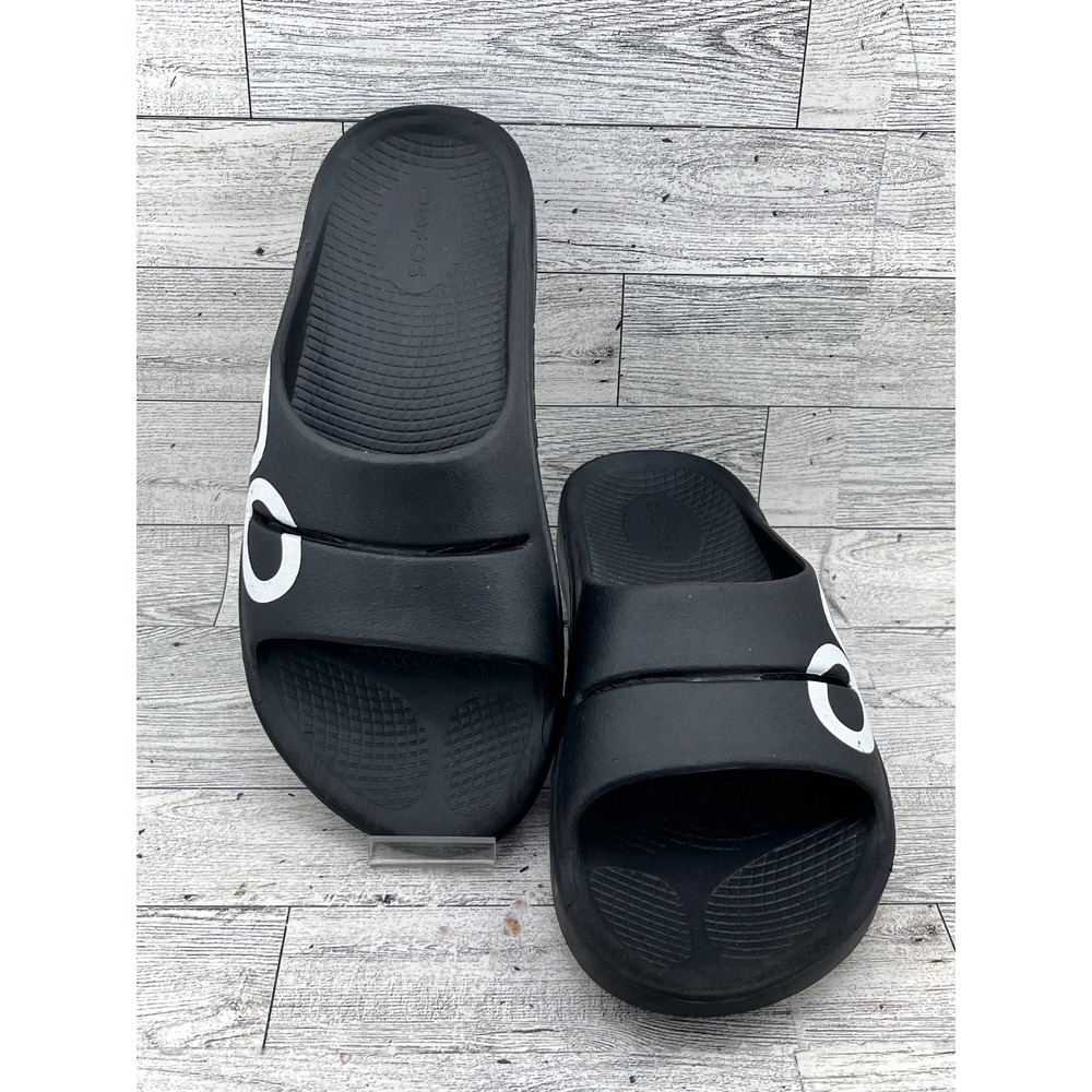 OOFOS OOahh Sport Recovery Slides Black White Logo Womens 8 Mens 6 EU 39 Sandal